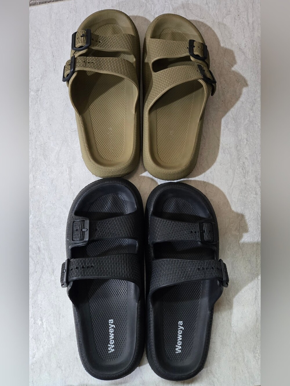 Dual-Buckle Slide Sandals in Black and Olive